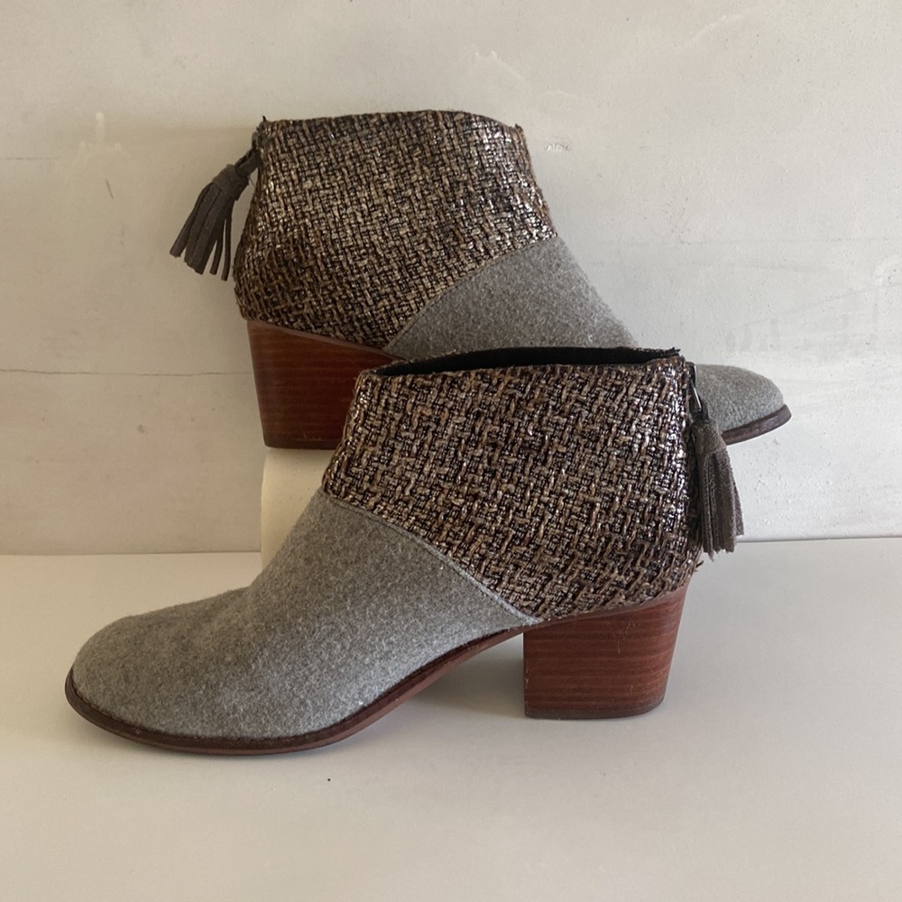 Tom's chunky heel grey and brown tone tweed shoe boots with fringe zipper detail